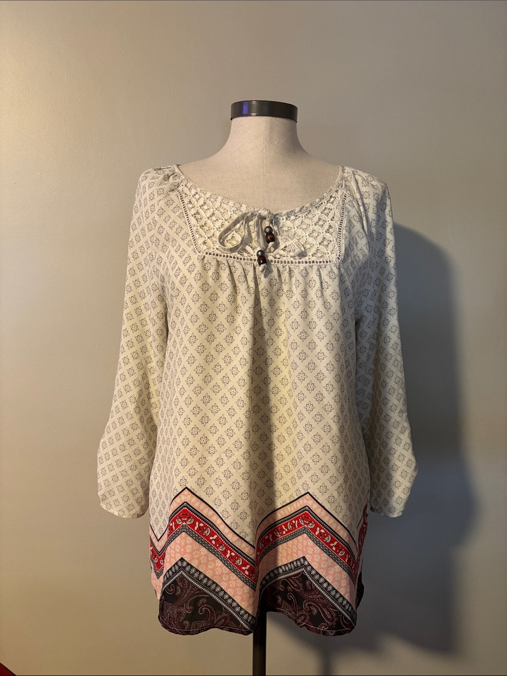 Rewind Cream Printed Peasant Tunic with Coral & Black Border